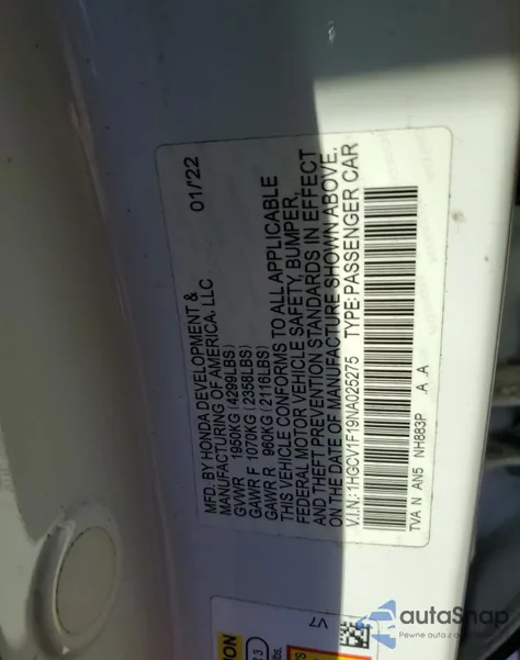 2022 Honda Accord Lx из США, поврежденный, VIN 1HGCV1F19NA025275